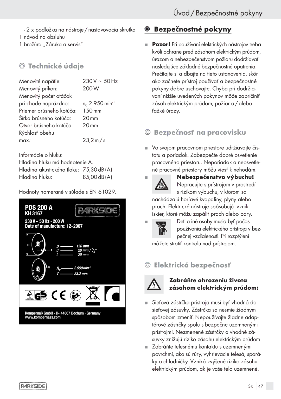 Parkside PDS 200A manual Úvod / Bezpečnostné pokyny, Bezpečnosť na pracovisku, Elektrická bezpečnosť 